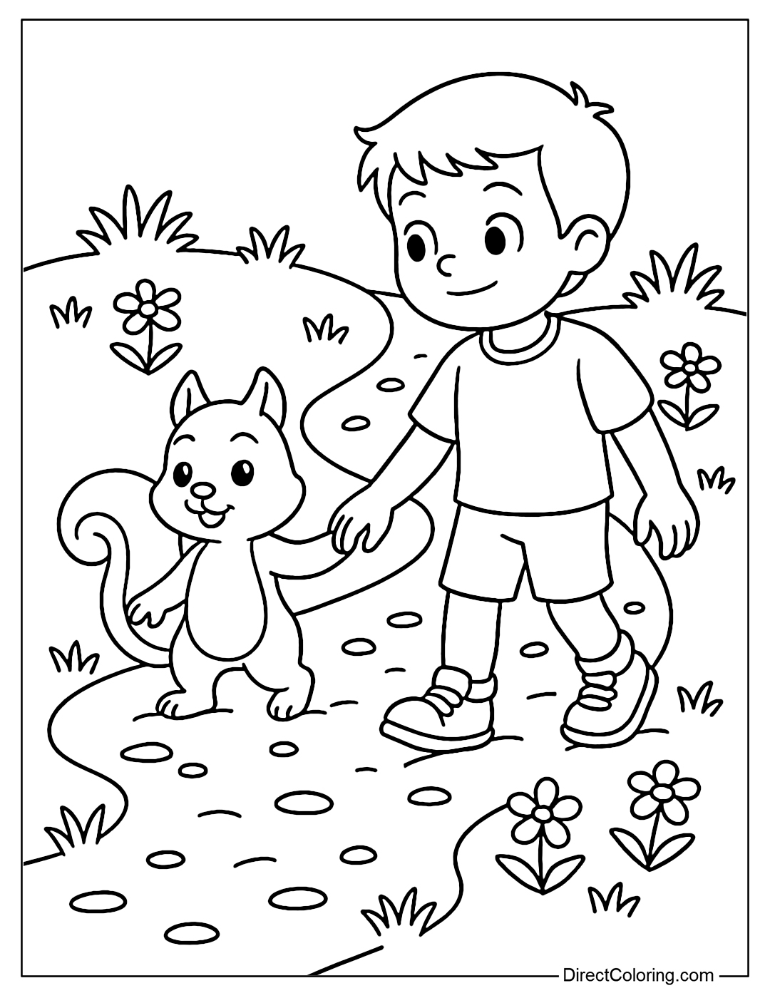 A simple trail coloring page with grass, flowers and a child holding a baby squirrel's hand for a walk.